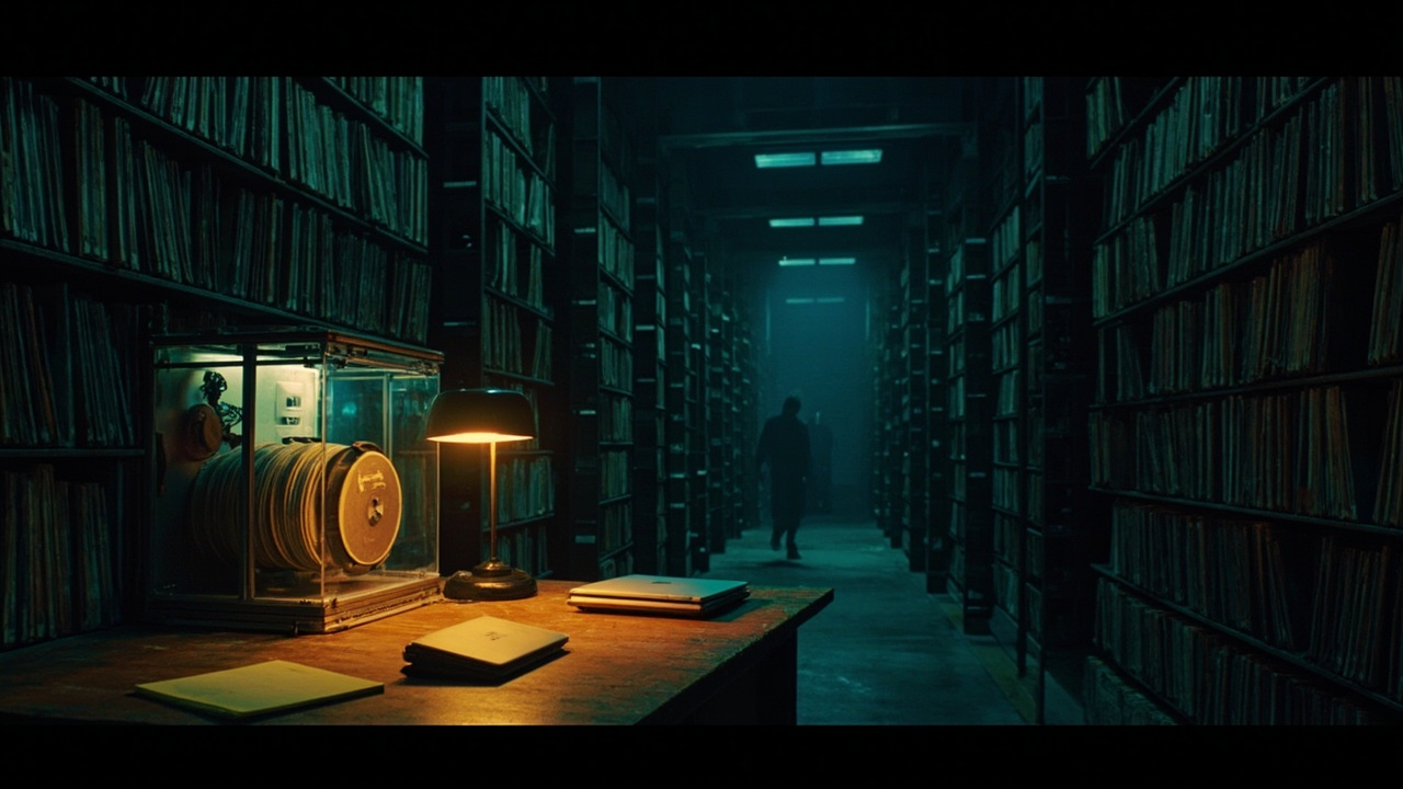 Vinyl archive vault with a glowing catalogue reel and a lone figure in the aisle